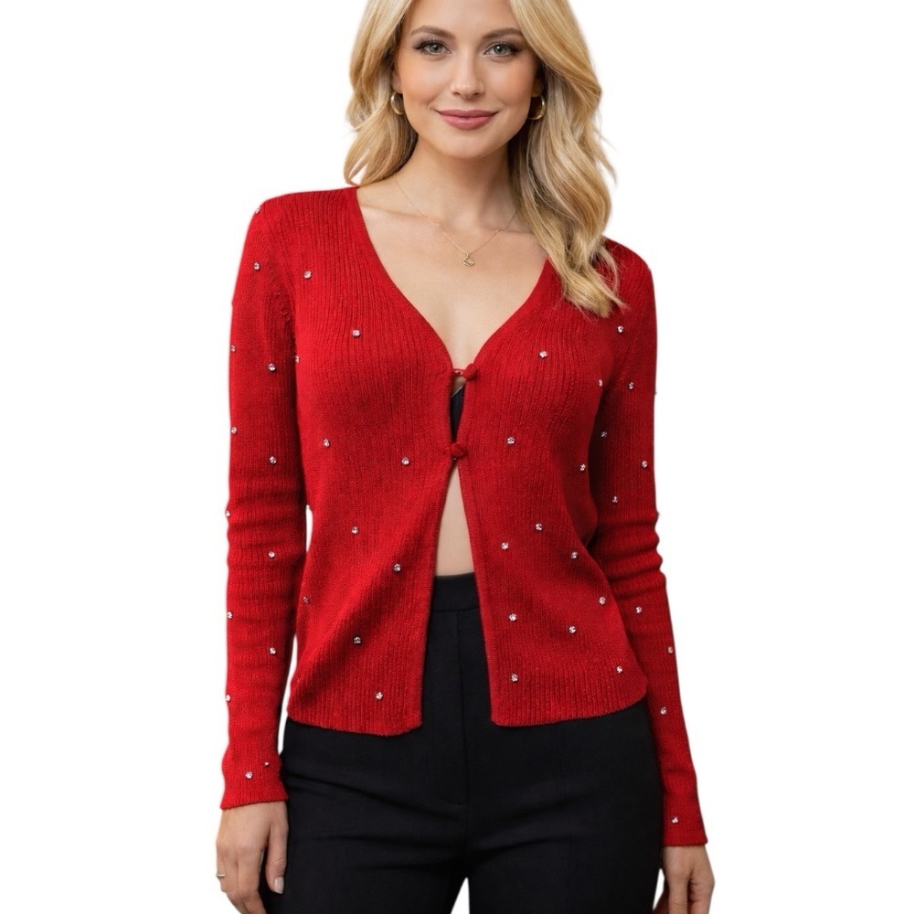 No Boundaries XL Red Ribbed Rhinestone Sweater Party Western Office Holiday